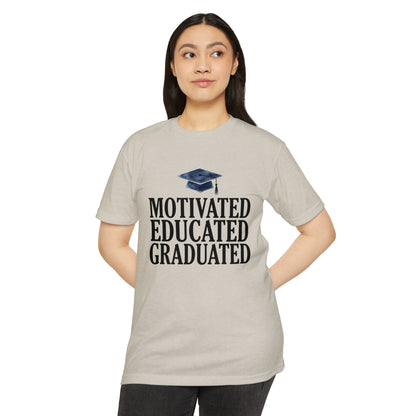 Graduation Tee — "Motivated Educated Graduated" Cap Design