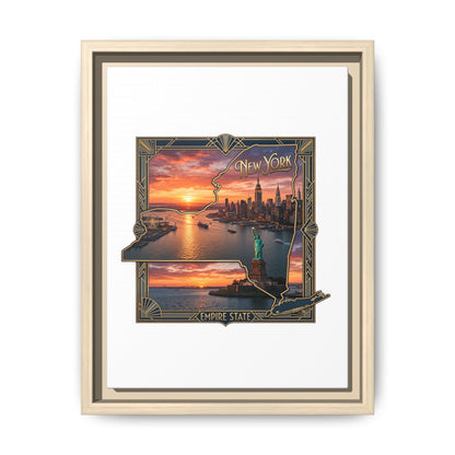 Framed Matte Canvas Wall Art — New York City Sunset Skyline with Statue of Liberty