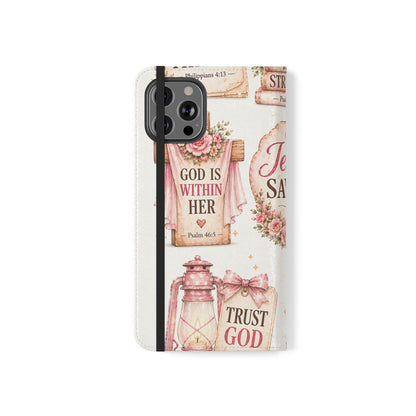 Christian Floral Phone Flip Case — "Jesus Saves" & Inspirational Scripture Wallet Cover
