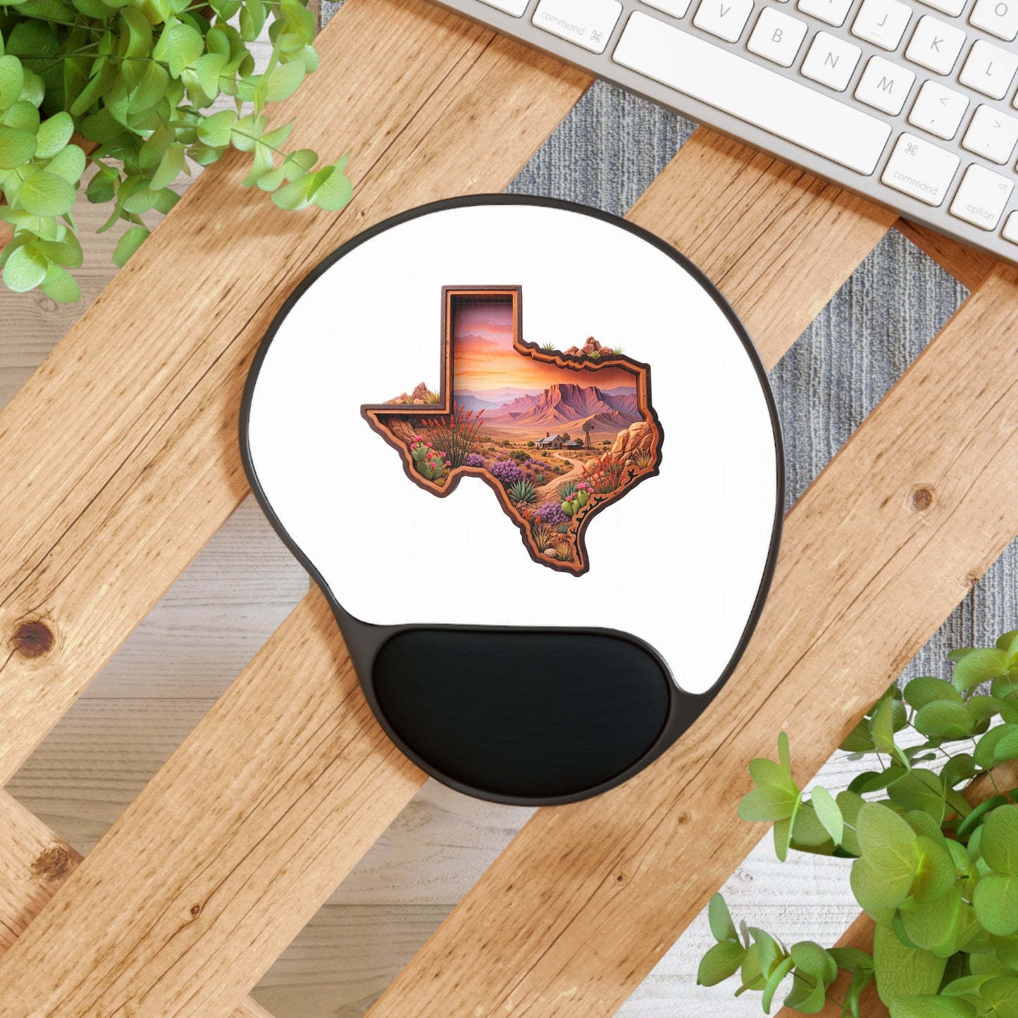 Texas Landscape Mouse Pad with Wrist Rest — Sunset Desert State Shape