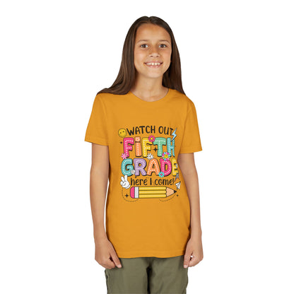 Fifth Grade Here I Come Youth Tee — Colorful Back-to-School Kids Shirt