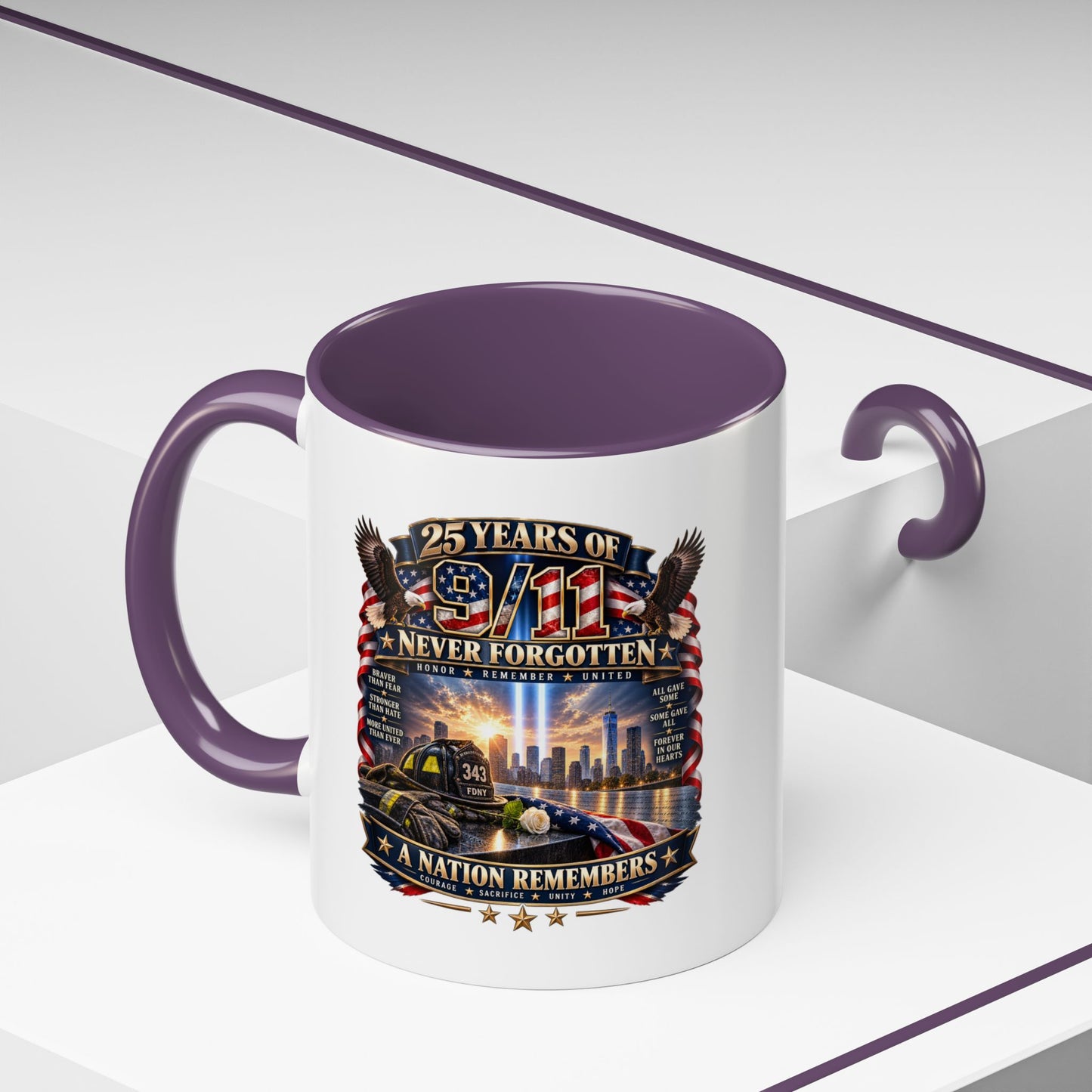 9/11 Memorial Coffee Mug — "25 Years of Never Forgotten" Patriot Tribute