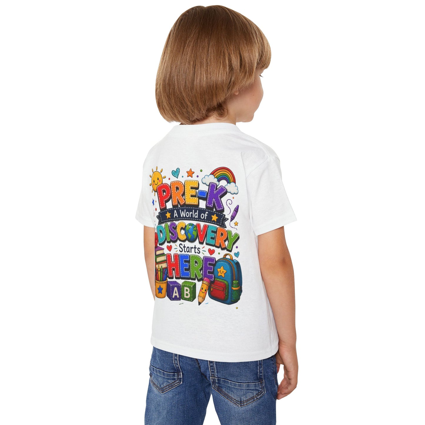 Toddler T‑Shirt — "Pre-K: A World of Discovery Starts Here" Colorful Back-to-School Tee