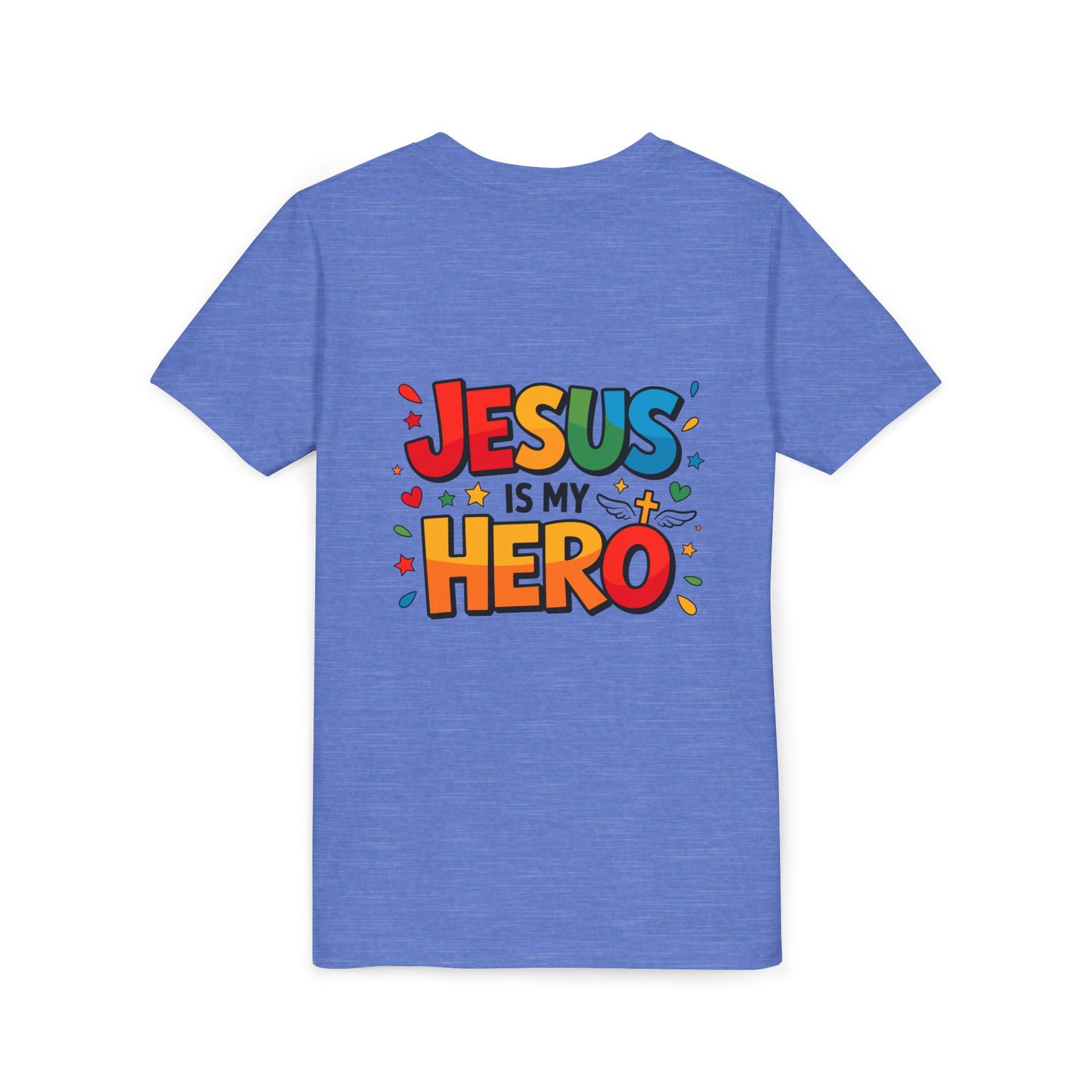 Youth Tee — "Jesus Is My Hero" Colorful Kids Christian T-Shirt