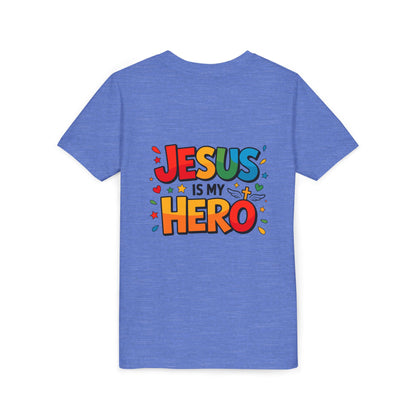 Youth Tee — "Jesus Is My Hero" Colorful Kids Christian T-Shirt