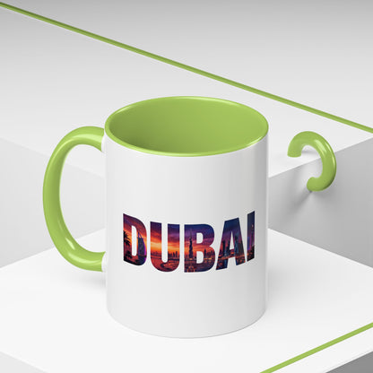 Dubai Skyline Accent Coffee Mug — Sunset City Photo Text (11/15oz)