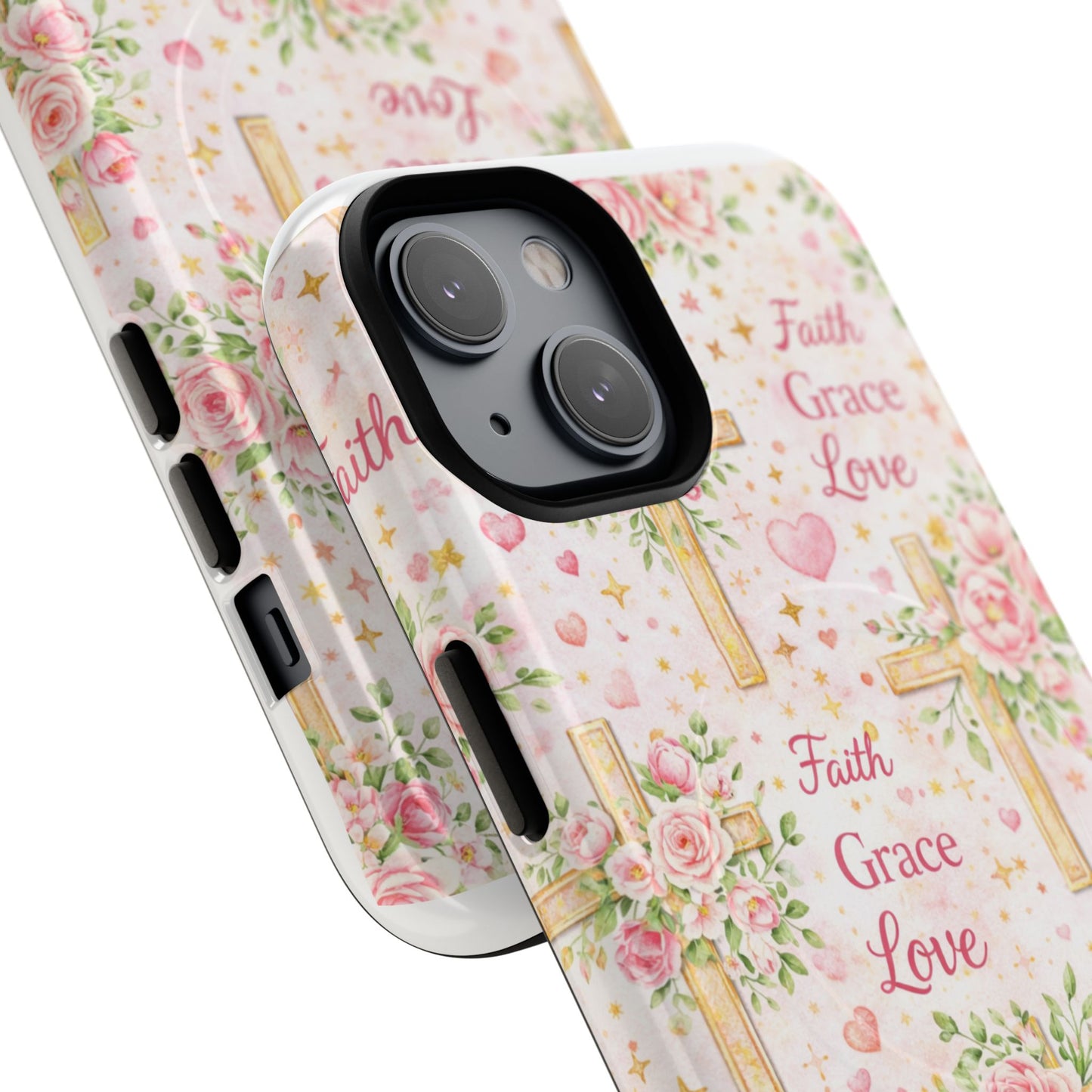 Christian Floral Cross Phone Case — "Faith Grace Love" Tough Magnetic Case