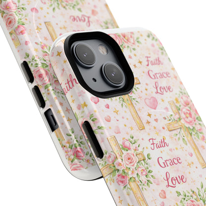 Christian Floral Cross Phone Case — "Faith Grace Love" Tough Magnetic Case