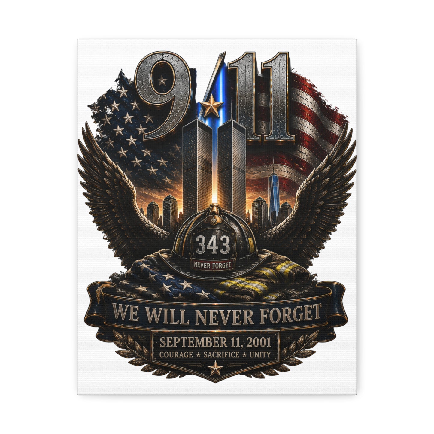 9/11 Memorial Stretched Canvas — "We Will Never Forget" Tribute Art (September 11, 2001)