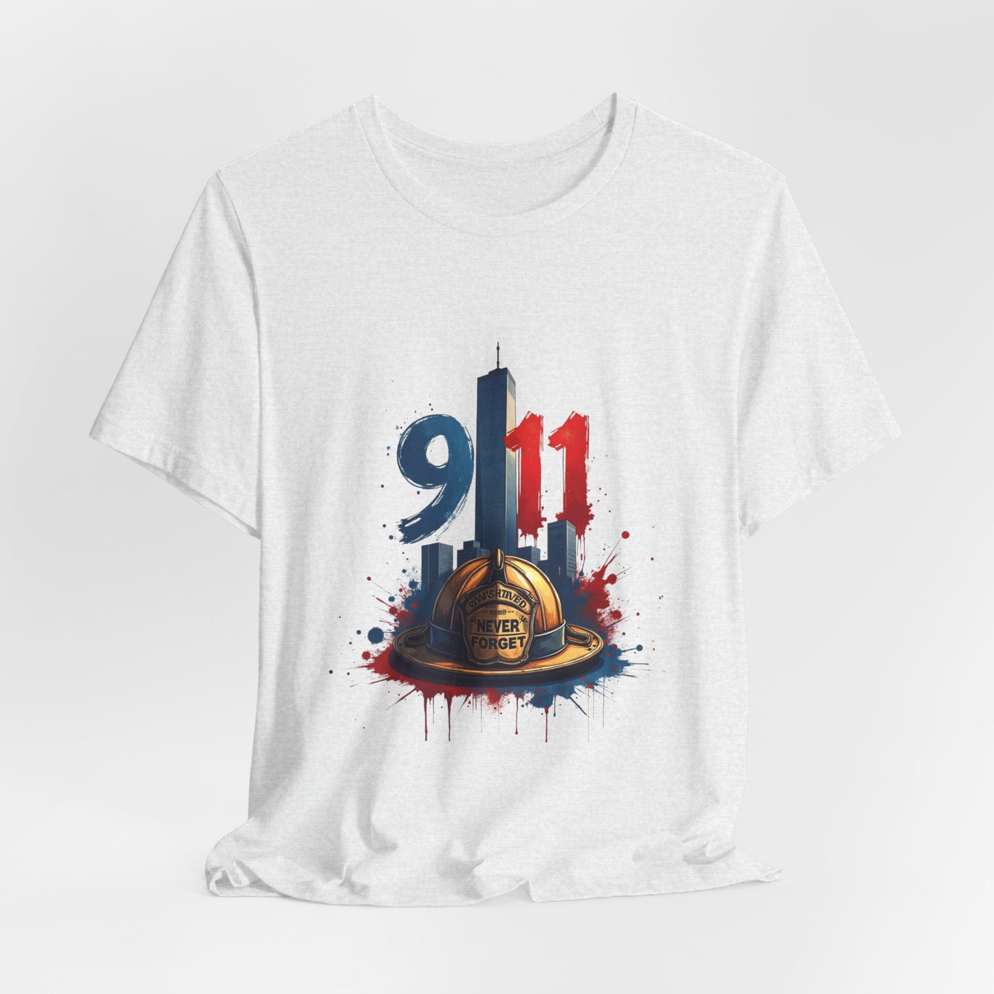 9/11 Firefighter Memorial Tee — Tribute T-Shirt with Helmet & Twin Towers Design