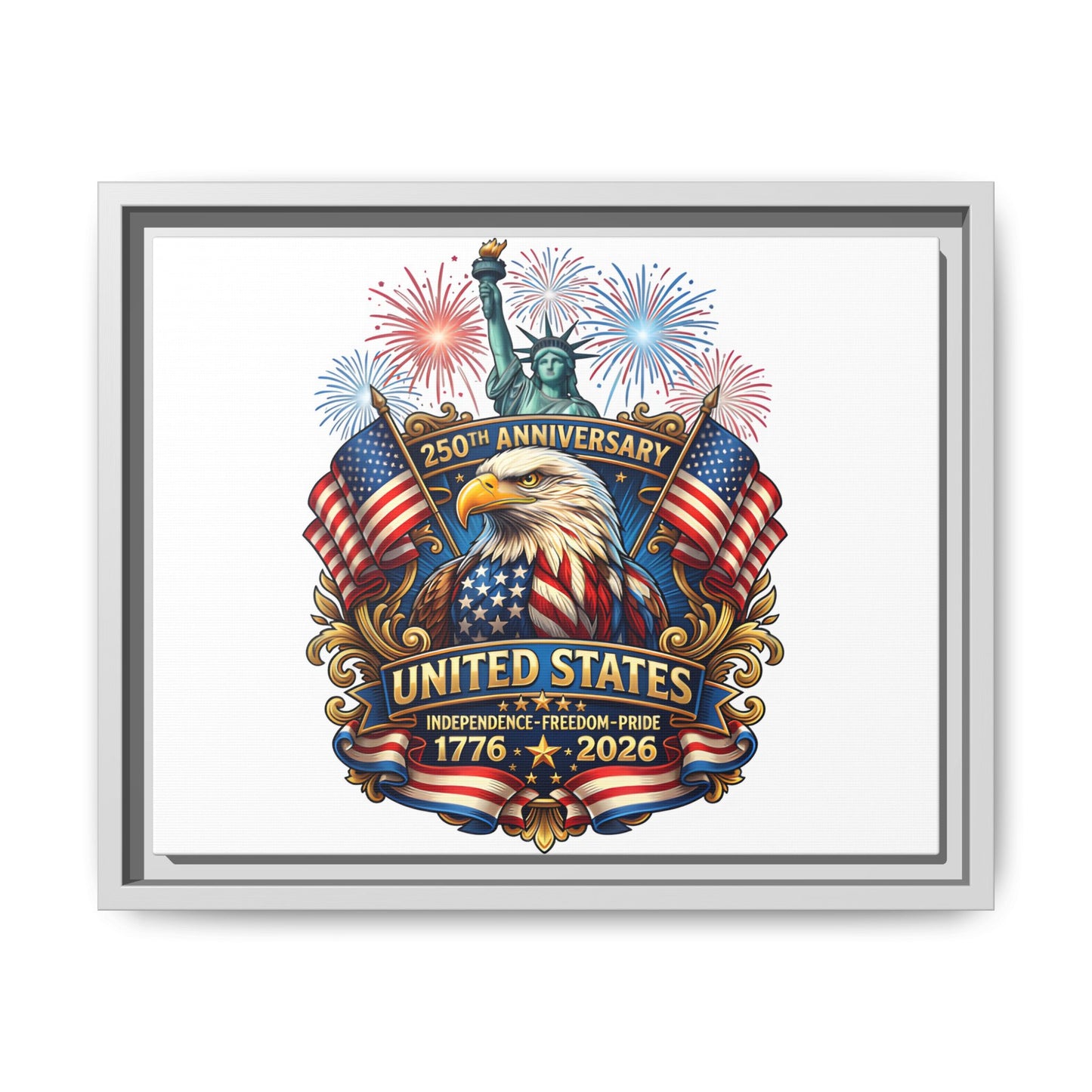 United States 250th Anniversary Framed Canvas — "1776-2026" Patriotic Eagle & Statue of Liberty Print