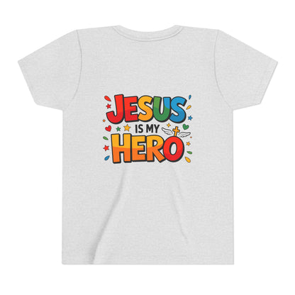 Youth Tee — "Jesus Is My Hero" Colorful Kids Christian T-Shirt