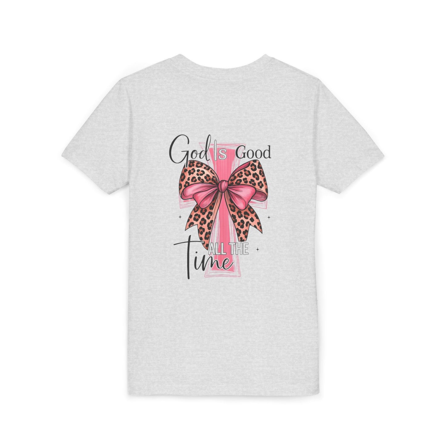Youth Tee — "God is Good All the Time" Pink Cross with Leopard Bow