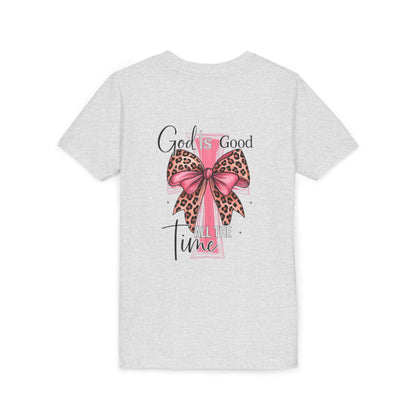 Youth Tee — "God is Good All the Time" Pink Cross with Leopard Bow
