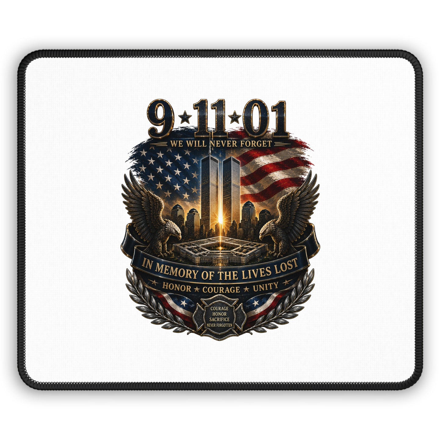 9/11 Memorial Gaming Mouse Pad — "We Will Never Forget" Tribute with Twin Towers & American Flag