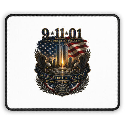 9/11 Memorial Gaming Mouse Pad — "We Will Never Forget" Tribute with Twin Towers & American Flag