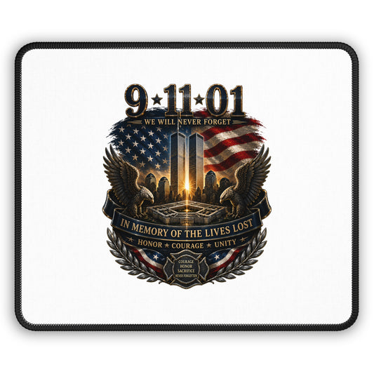 9/11 Memorial Gaming Mouse Pad — "We Will Never Forget" Tribute with Twin Towers & American Flag