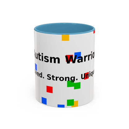 Autism Warrior Accent Coffee Mug – Bold Puzzle Pieces, Proud. Strong. Unique. (11/15oz)