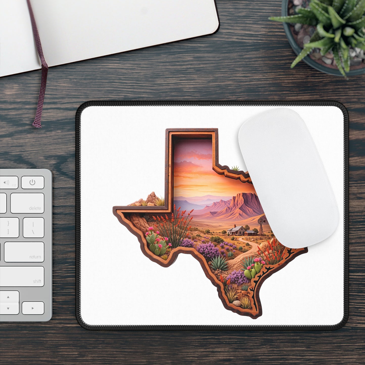 Texas Desert Landscape Gaming Mouse Pad — Scenic Sunset State Silhouette