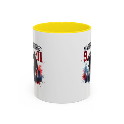 Never Forget 9/11 Accent Coffee Mug — Patriotic Memorial Tribute (11oz, 15oz)