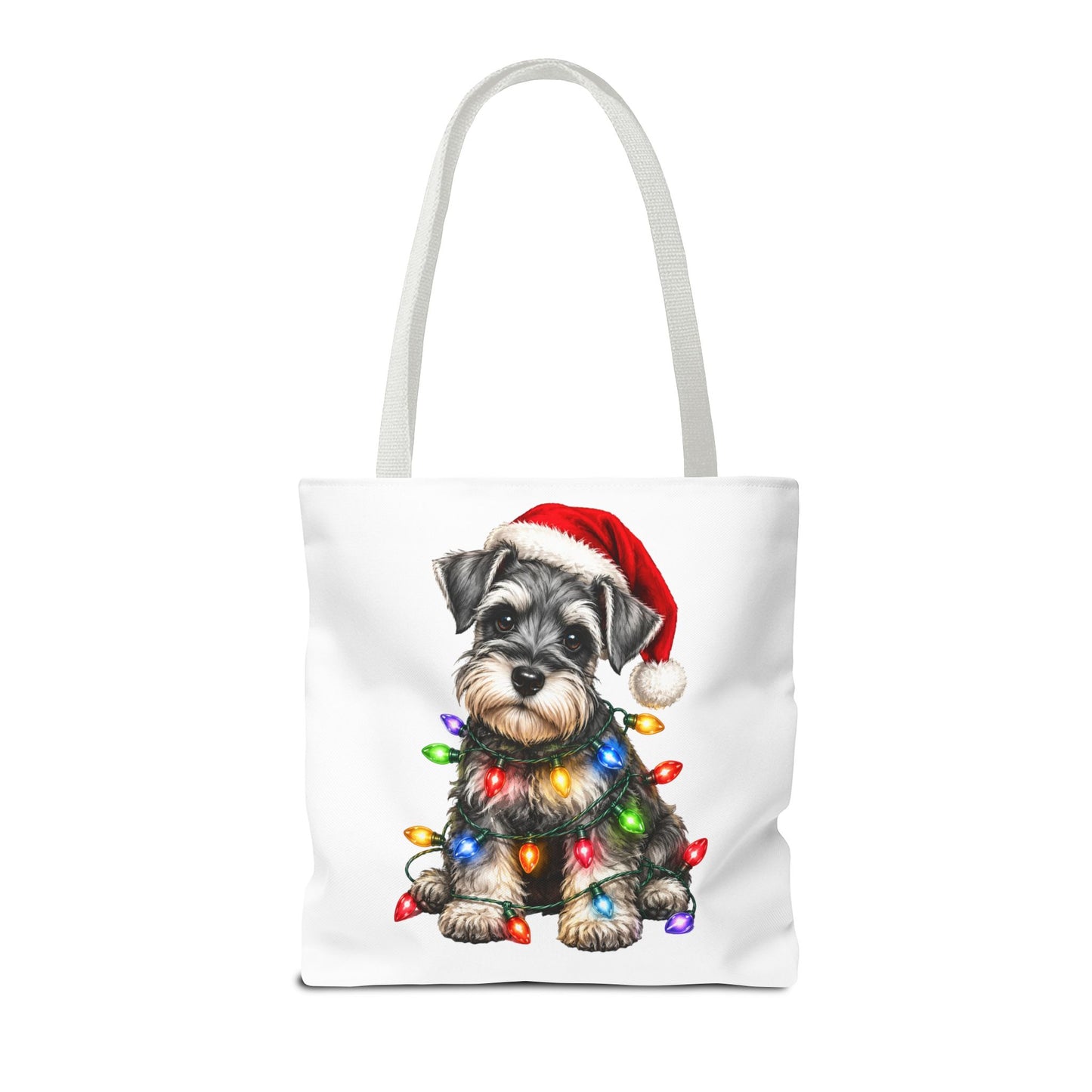 Christmas Schnauzer Tote Bag — Cute Puppy with Santa Hat & Holiday Lights