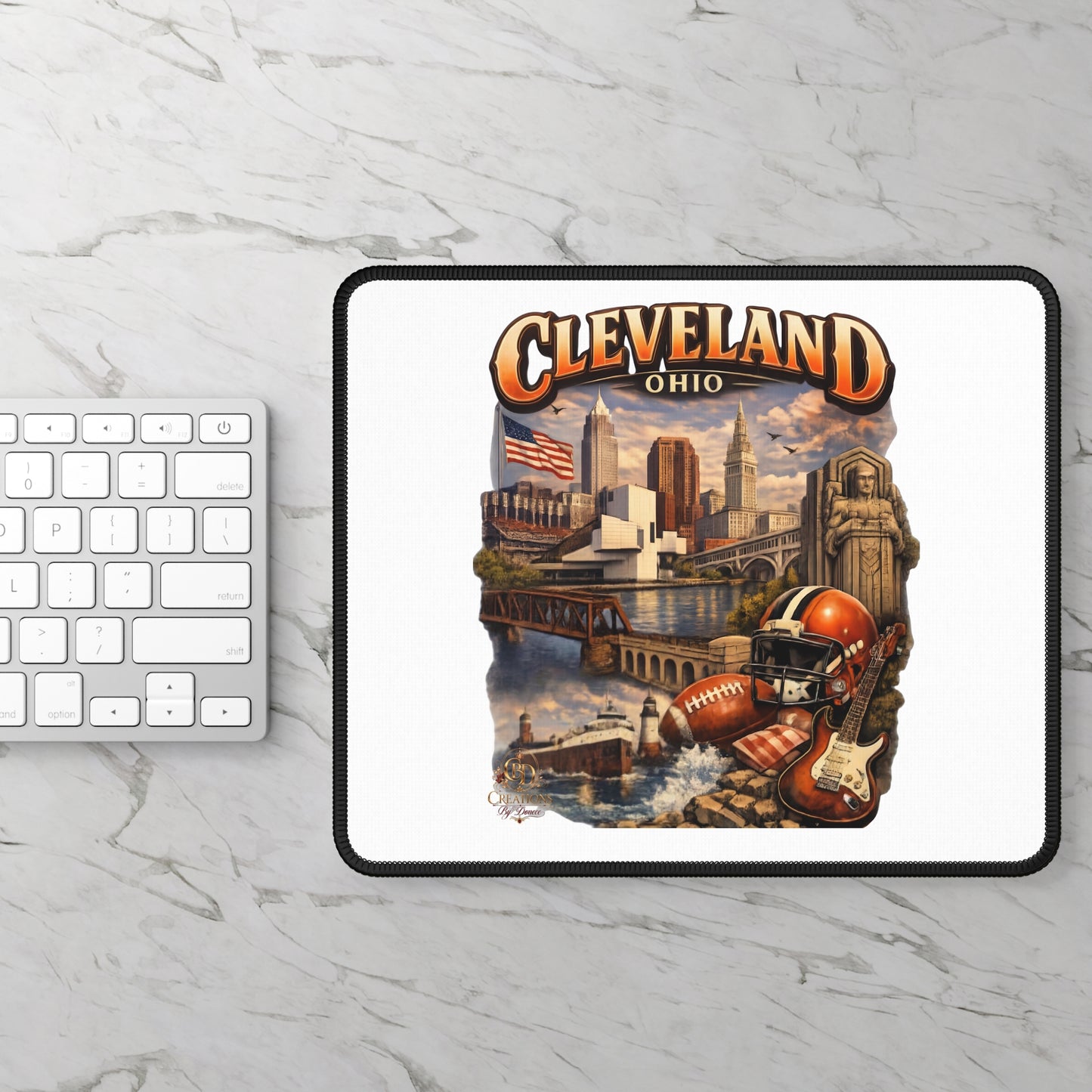 Cleveland Ohio Collage Gaming Mouse Pad — City Skyline, Football & Music Graphic