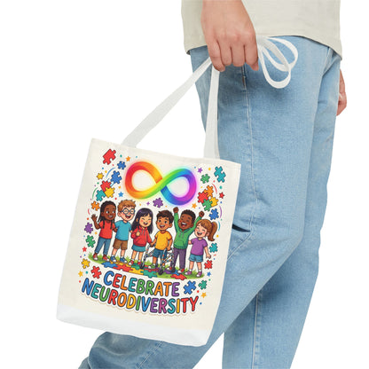 Celebrate Neurodiversity Tote Bag — Rainbow Infinity Symbol & Kids Design