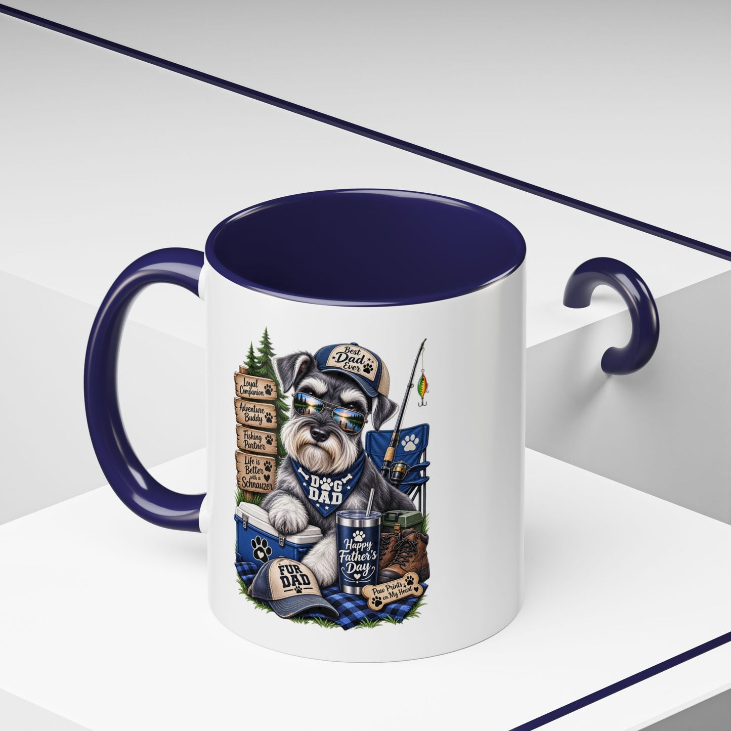 Schnauzer Dad Accent Coffee Mug – "Dog Dad" Camping Paw Print Design (11/15oz)