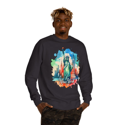 New York Skyline Sweatshirt — Colorful Statue of Liberty Cityscape Crewneck