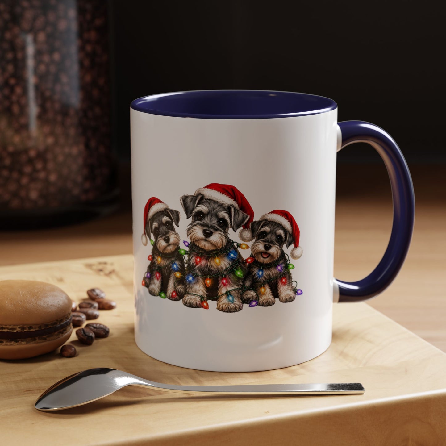 Christmas Puppy Coffee Mug — Cute Schnauzer Trio with Santa Hats & Holiday Lights (11/15oz)