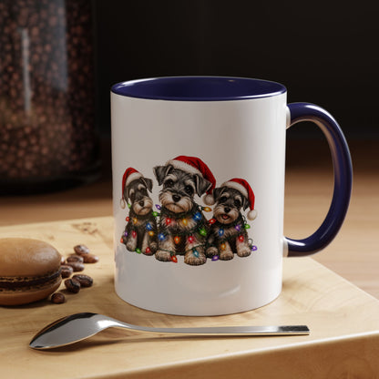 Christmas Puppy Coffee Mug — Cute Schnauzer Trio with Santa Hats & Holiday Lights (11/15oz)
