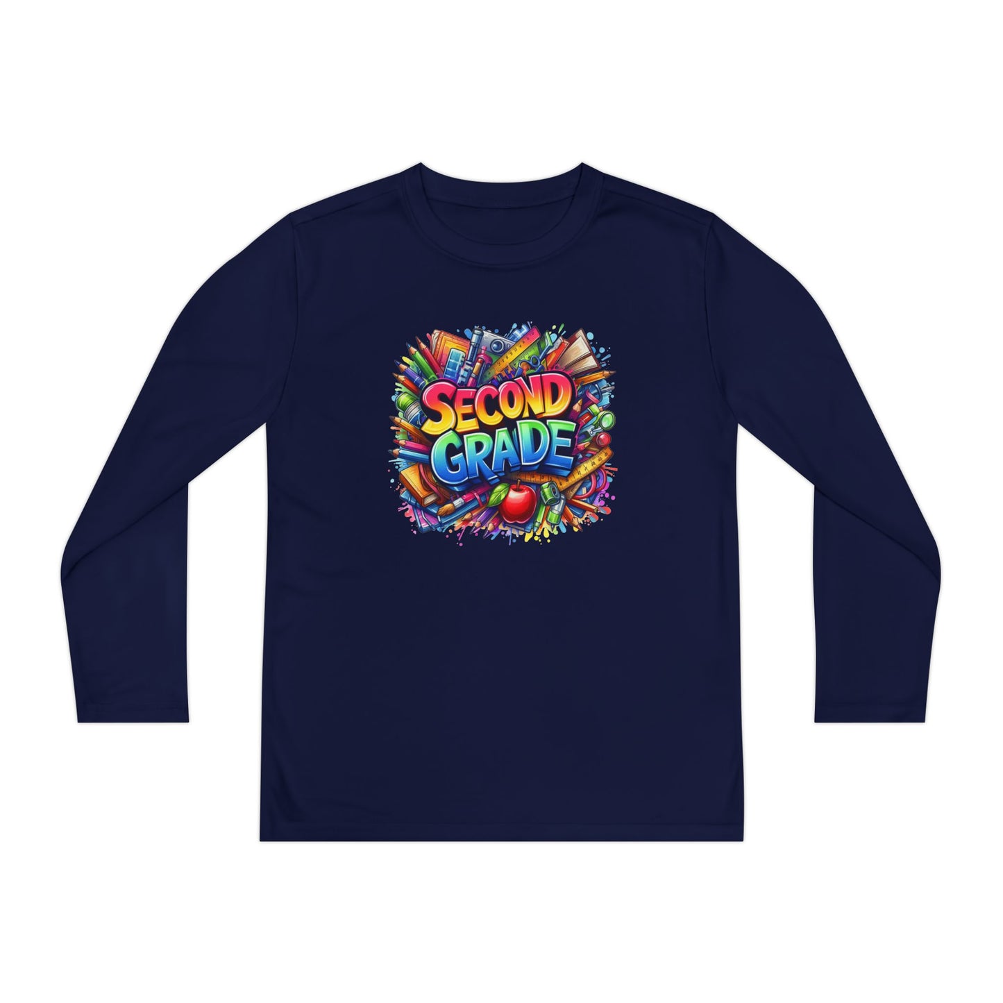 Second Grade Youth Long Sleeve Tee — Colorful School Supplies Back-to-School Shirt
