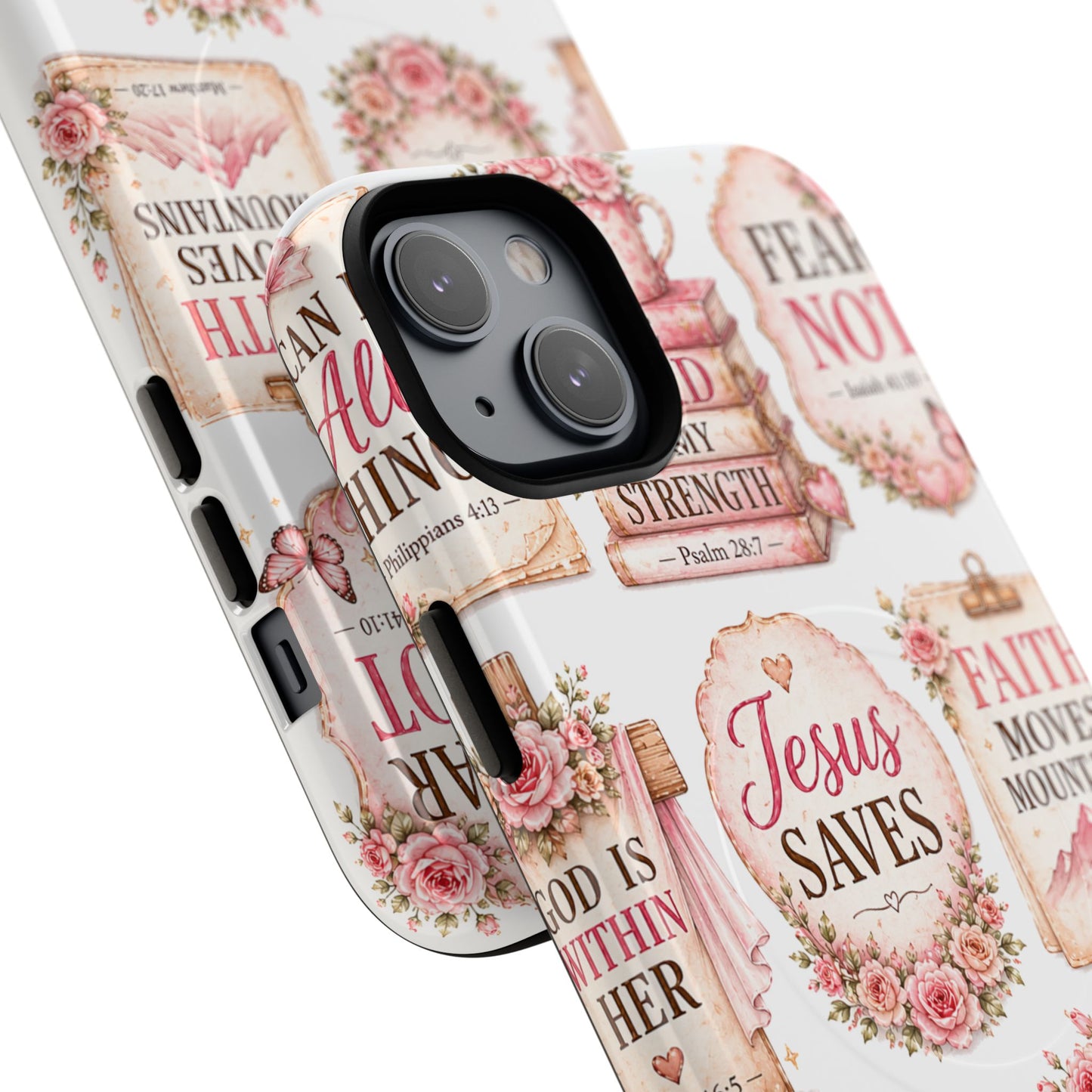 Christian Faith iPhone Tough Magnetic Case — 'Jesus Saves' Floral Scripture Design (Fear Not, Faith Moves Mountains)