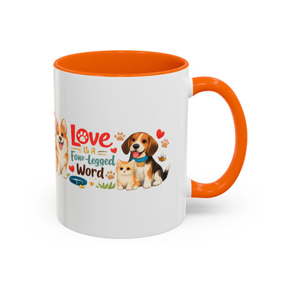 Dog Lover Accent Coffee Mug — “Love is a Four-Legged Word” Ceramic Gift