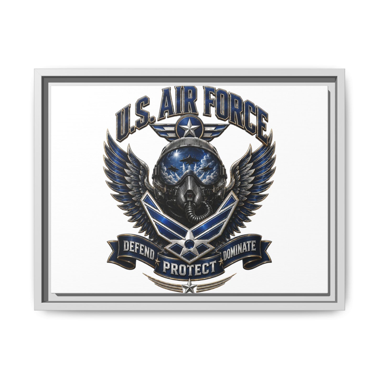 U.S. Air Force Emblem Framed Canvas Print – "Defend Protect Dominate" Military Wall Art