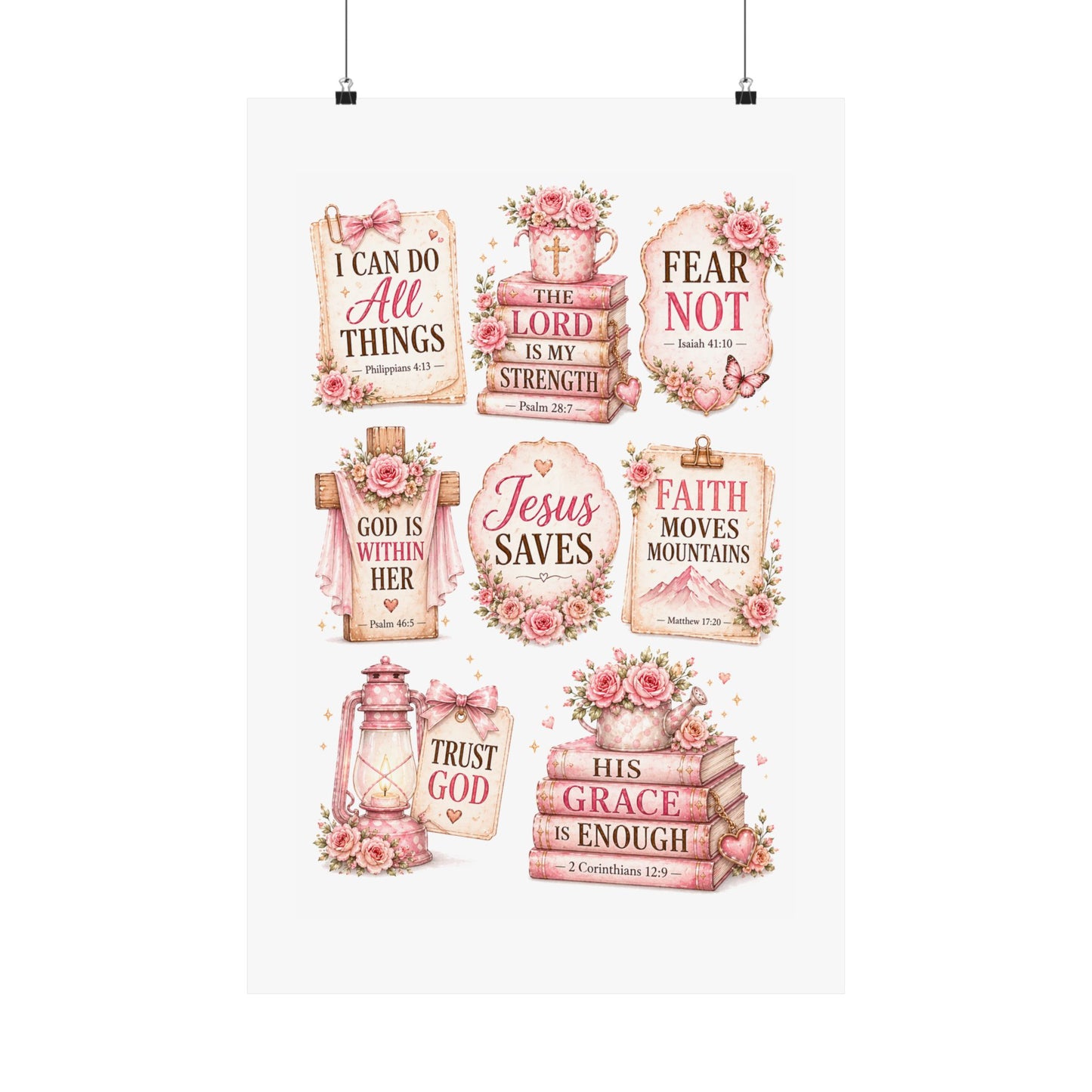 Christian Scripture Matte Poster - Floral 'Jesus Saves' & Encouraging Verses (Vertical)