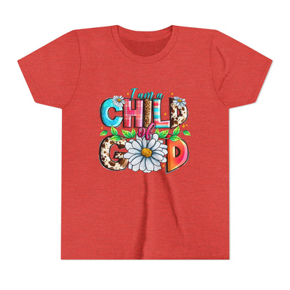 Youth Tee — "I Am a Child of God" Floral Christian Graphic