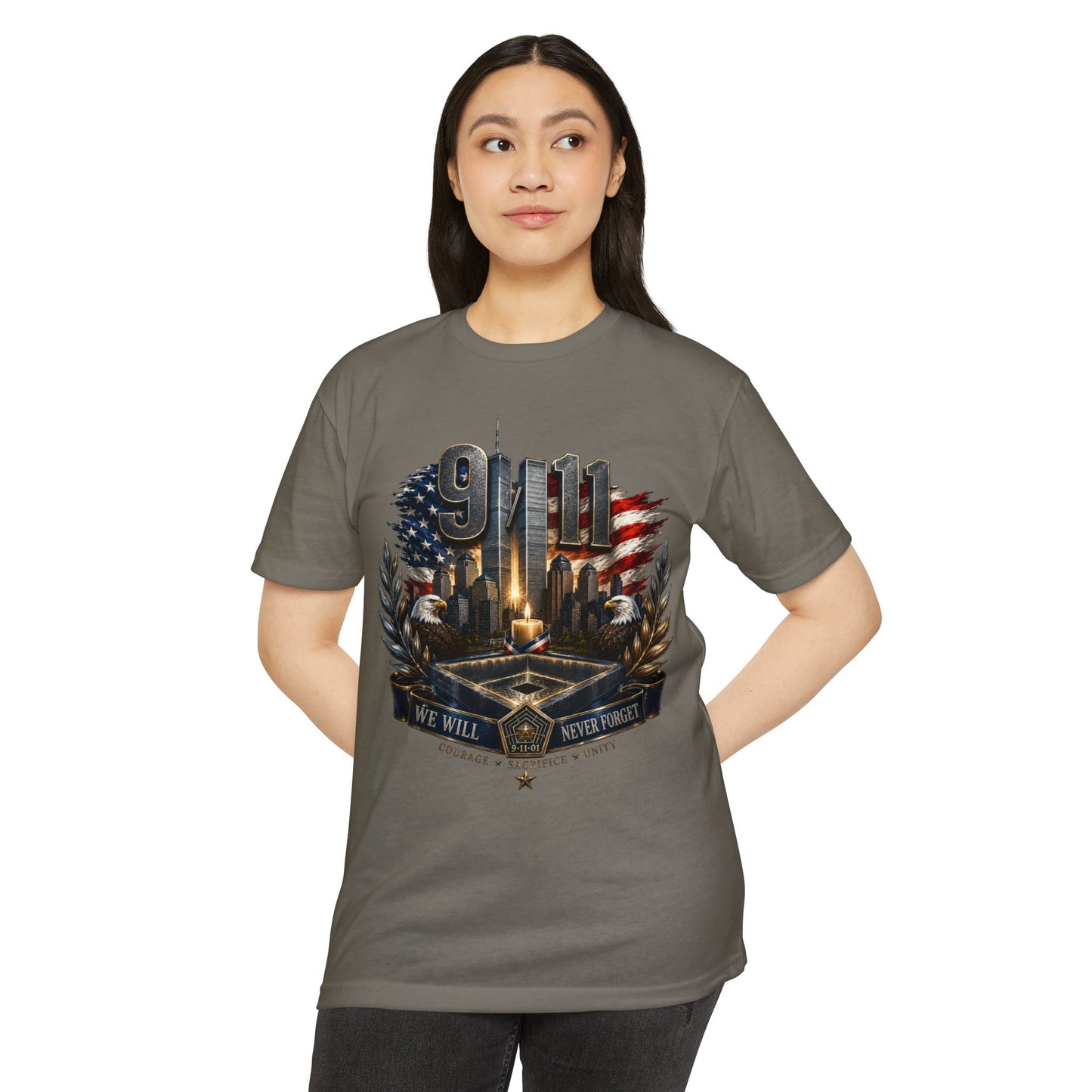 9/11 Never Forget Memorial T-Shirt — Tribute American Flag Skyline Tee