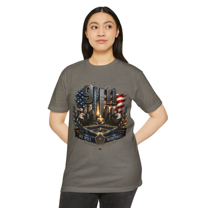 9/11 Never Forget Memorial T-Shirt — Tribute American Flag Skyline Tee