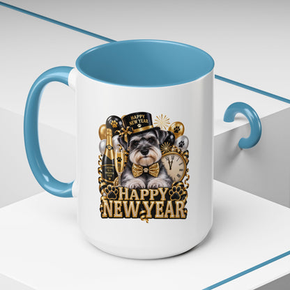 Happy New Year Dog Coffee Mug — Festive Black & Gold 11/15oz Accent Mug