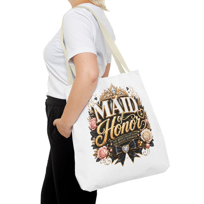 Maid of Honor Tote Bag — Elegant Bridal Party Gift with Gold Crown Floral Design