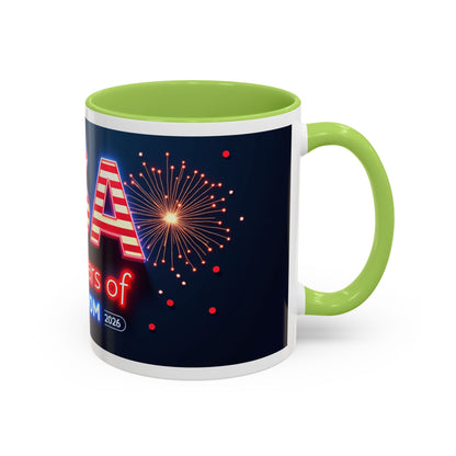 USA 250 Years of Freedom Accent Coffee Mug — Patriotic 1776–2026 Fireworks Design (11/15oz)