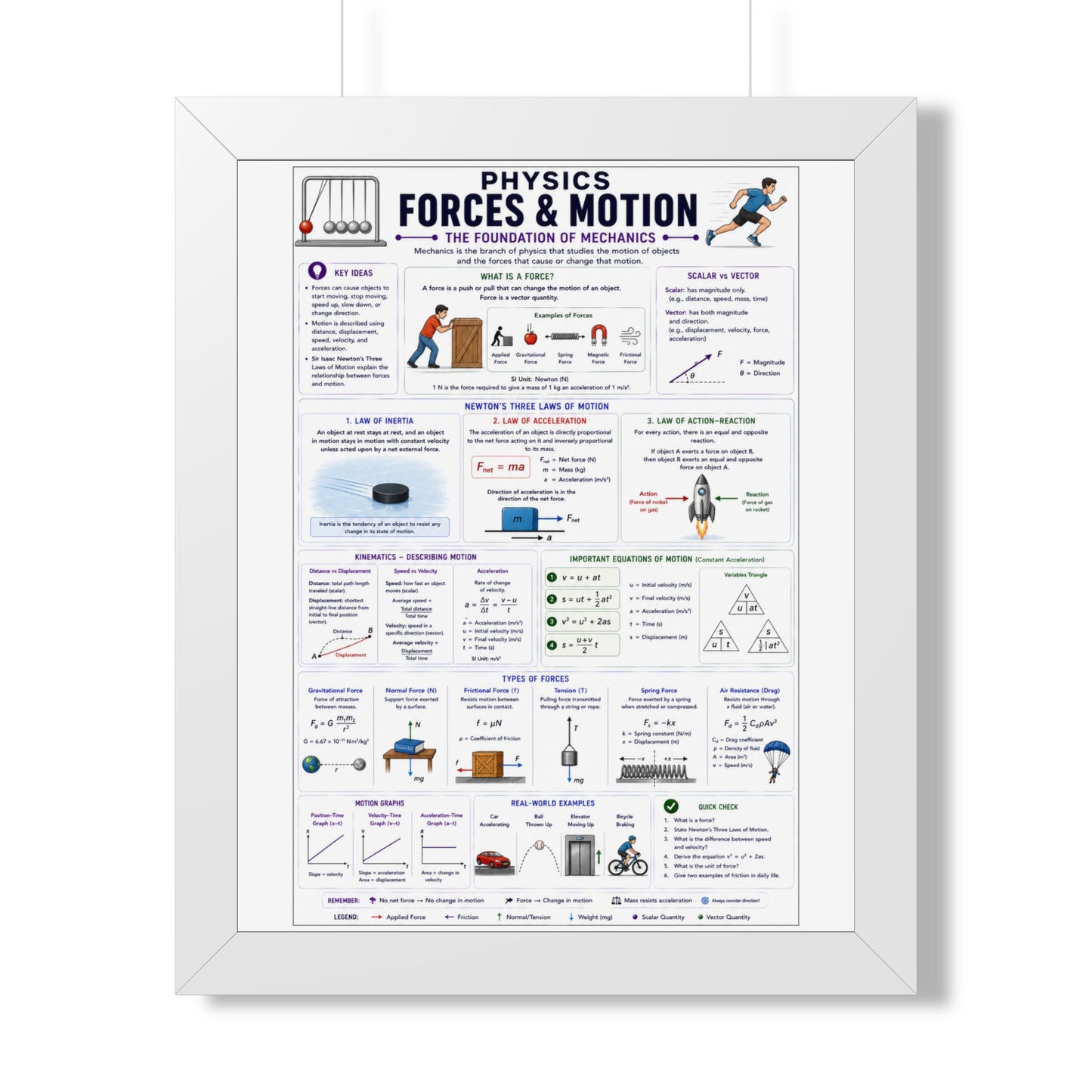 Forces & Motion Physics Poster — Framed Educational Chart