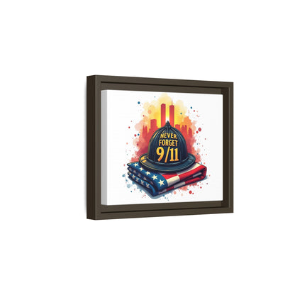 Never Forget 9/11 Framed Canvas Print — Firefighter Helmet & American Flag Memorial Art