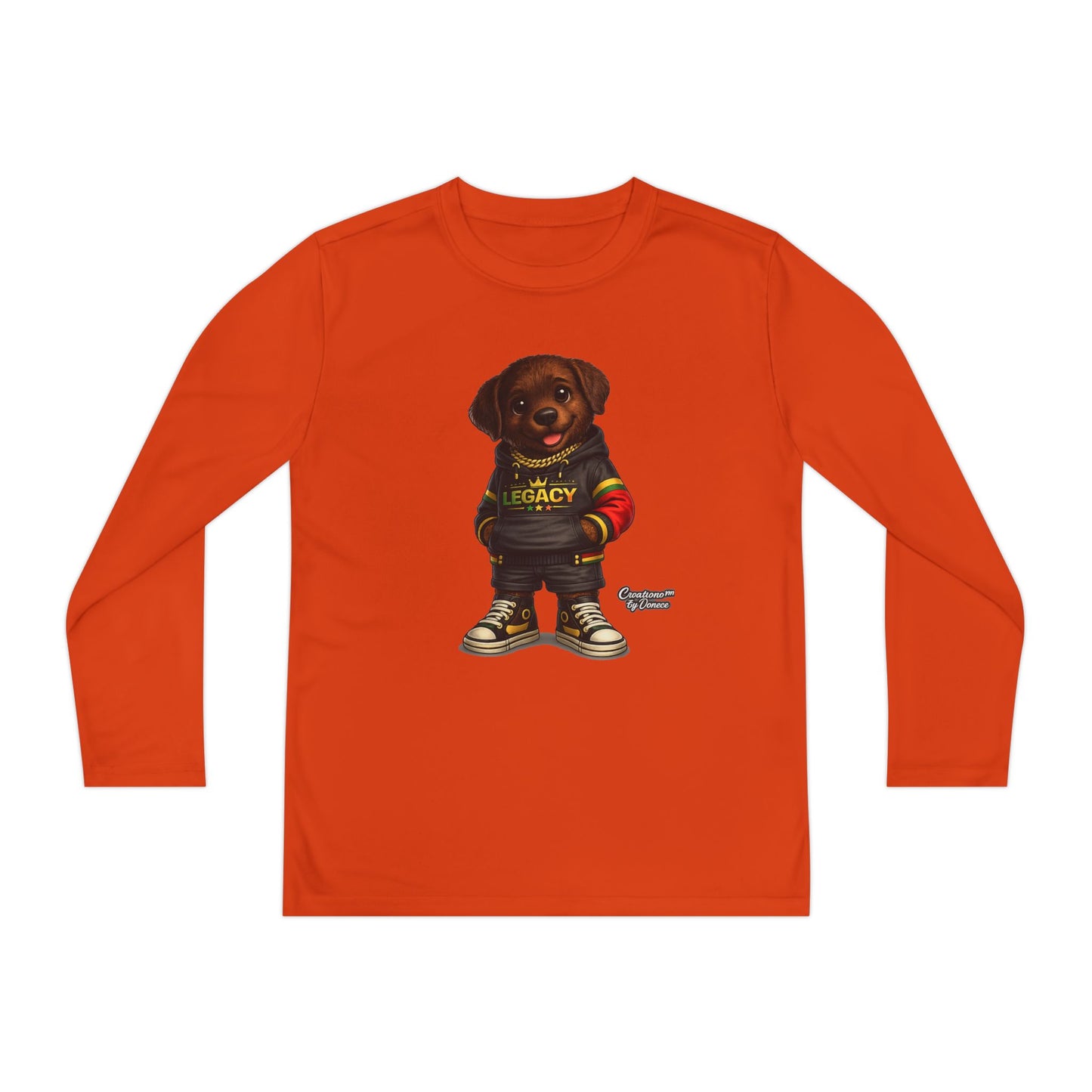 Kids Long Sleeve Tee — Brown Puppy Wearing 'Legacy' Hoodie Graphic