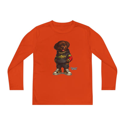 Kids Long Sleeve Tee — Brown Puppy Wearing 'Legacy' Hoodie Graphic