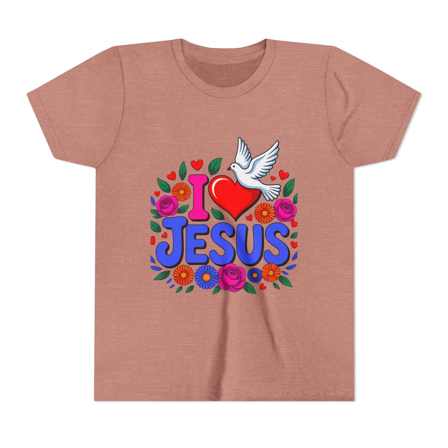 Youth Tee — "I  Jesus" Colorful Dove & Floral Christian Shirt