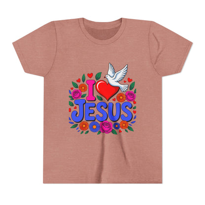 Youth Tee — "I  Jesus" Colorful Dove & Floral Christian Shirt
