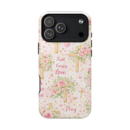 Christian Floral Cross Phone Case — "Faith Grace Love" Tough Magnetic Case