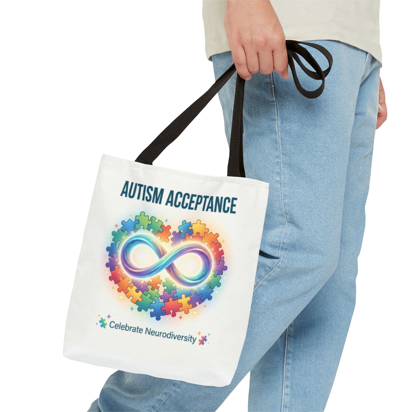Autism Acceptance Tote Bag — Rainbow Neurodiversity Infinity Puzzle Design